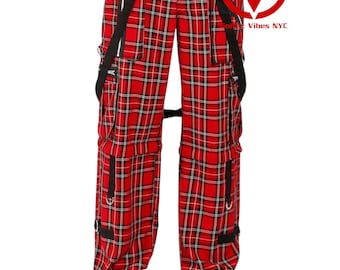 Handmade Red Plaid Gothic Pants: Cyberpunk Cotton Trousers with Straps