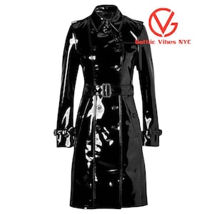 Handmade Women&#39;s Black Vinyl Shinny Gothic Trench Coat| Top Quality PVC Faux Leather Long Coat | Windbreaker Fashion Coat