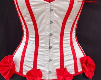 Corsé de bastón de caramelo hecho a mano: faja moldeadora de cintura burlesca de satén rojo y blanco