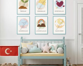 Çocuk Odası İslami Poster Seti | Bismillah e Zikirler | Çocuk Odası Duvar Dekoru | Dijital baskı | Türkçe | Arte della parete islamica turca | Bambini