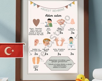Türkçe Abdest Rehberi Poster| Islamic Wudu Guide for Kids| Çocuklar için Eğitici İslami Duvar Dekoru| Muslim Nursery Wall Art |Digital PDF