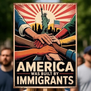 America was built by immigrants protest sign, Abolish ICE Protest Sign, Keep Immigrants Deport Racists Protest Sign, Anti ICE Protest Sign, ICE Equals American Gestapo Protest Sign,  No Kings in America Protest Sign, NOPE Anti Trump Protest Sign, Social Justice Sign, Lady Liberty Poster, Liberal Democracy Sign, Anti-Trump Rally sign, No To Fascism, Political Activist Poster, Stop Trump Protest Poster, Save Democracy Sign, Human Rights Political Sign, 4th July Protest Sign, 17 July Protest Sign