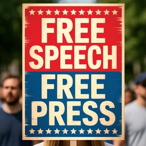 以下が含まれることがあります： 「FREE SPEECH」と「FREE PRESS」の文字が大きく白字で書かれた看板。看板の上半分は赤い背景に白い星、下半分は青い背景に白い星。群衆の前で掲げられている。
