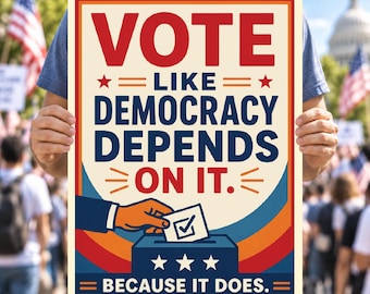 Puede incluir: Un póster rectangular con fondo crema, texto rojo VOTE, texto azul LIKE DEMOCRACY DEPENDS ON IT y texto rojo ON IT. Una ilustración muestra una mano depositando una papeleta en una caja azul. El texto inferior dice BECAUSE IT DOES.