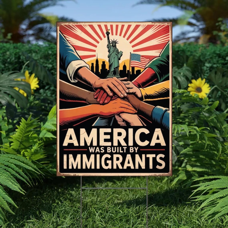 America was built by immigrants protest sign, Abolish ICE Protest Sign, Keep Immigrants Deport Racists Protest Sign, Anti ICE Protest Sign, ICE Equals American Gestapo Protest Sign,  No Kings in America Protest Sign, NOPE Anti Trump Protest Sign, Social Justice Sign, Lady Liberty Poster, Liberal Democracy Sign, Anti-Trump Rally sign, No To Fascism, Political Activist Poster, Stop Trump Protest Poster, Save Democracy Sign, Human Rights Political Sign, 4th July Protest Sign, 17 July Protest Sign