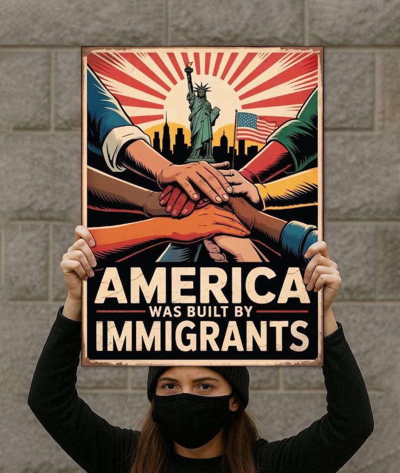 America was built by immigrants protest sign, Abolish ICE Protest Sign, Keep Immigrants Deport Racists Protest Sign, Anti ICE Protest Sign, ICE Equals American Gestapo Protest Sign,  No Kings in America Protest Sign, NOPE Anti Trump Protest Sign, Social Justice Sign, Lady Liberty Poster, Liberal Democracy Sign, Anti-Trump Rally sign, No To Fascism, Political Activist Poster, Stop Trump Protest Poster, Save Democracy Sign, Human Rights Political Sign, 4th July Protest Sign, 17 July Protest Sign