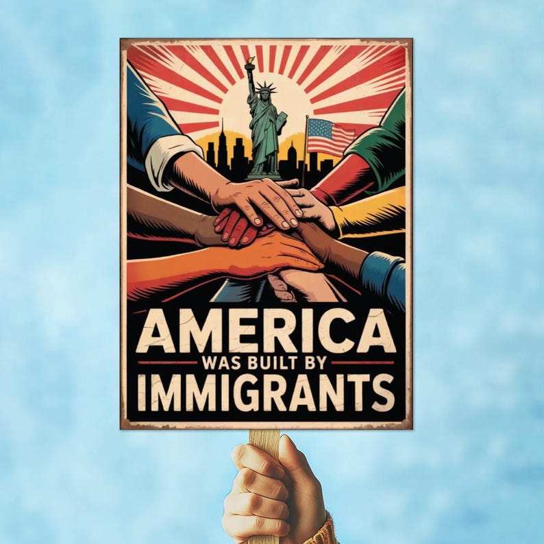 America was built by immigrants protest sign, Abolish ICE Protest Sign, Keep Immigrants Deport Racists Protest Sign, Anti ICE Protest Sign, ICE Equals American Gestapo Protest Sign,  No Kings in America Protest Sign, NOPE Anti Trump Protest Sign, Social Justice Sign, Lady Liberty Poster, Liberal Democracy Sign, Anti-Trump Rally sign, No To Fascism, Political Activist Poster, Stop Trump Protest Poster, Save Democracy Sign, Human Rights Political Sign, 4th July Protest Sign, 17 July Protest Sign