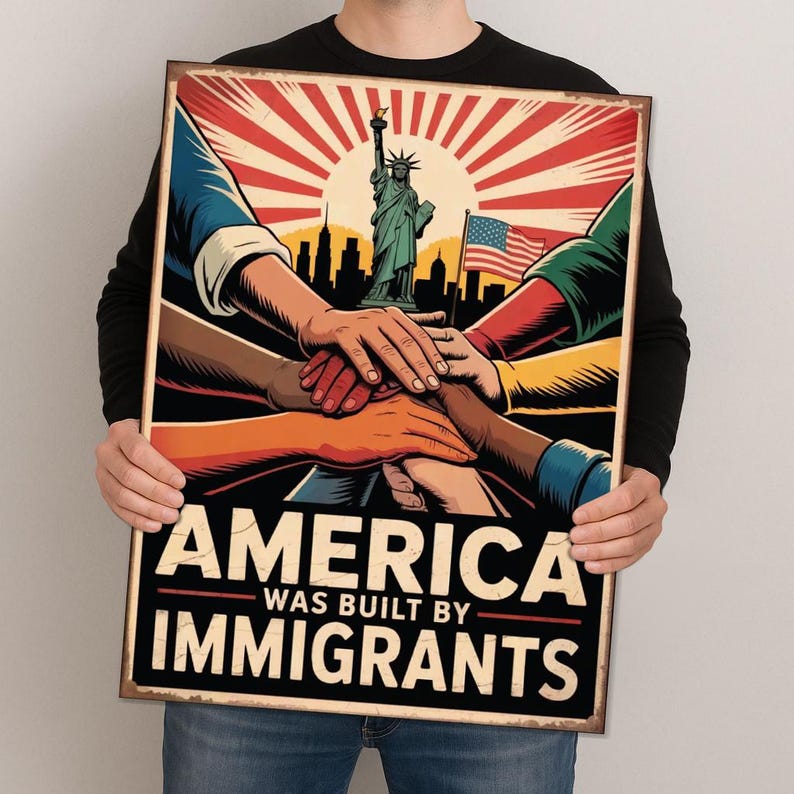 America was built by immigrants protest sign, Abolish ICE Protest Sign, Keep Immigrants Deport Racists Protest Sign, Anti ICE Protest Sign, ICE Equals American Gestapo Protest Sign,  No Kings in America Protest Sign, NOPE Anti Trump Protest Sign, Social Justice Sign, Lady Liberty Poster, Liberal Democracy Sign, Anti-Trump Rally sign, No To Fascism, Political Activist Poster, Stop Trump Protest Poster, Save Democracy Sign, Human Rights Political Sign, 4th July Protest Sign, 17 July Protest Sign