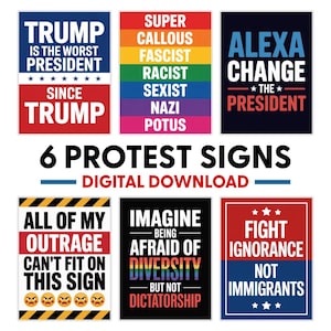 Puede incluir: Un gráfico de descarga digital con seis carteles de protesta, cada uno con un mensaje en negrita. Los carteles incluyen frases como "Trump es el peor presidente" y "Lucha contra la ignorancia, no contra los inmigrantes". Los carteles son de varios colores.