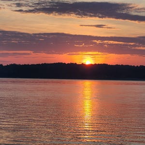 Può includere: Un tramonto vibrante sull'acqua. Il cielo passa dall'arancione e giallo vicino all'orizzonte a sfumature di rosa e viola sopra. Il riflesso del sole brilla sulla superficie dell'acqua, con una linea di alberi scura in lontananza.