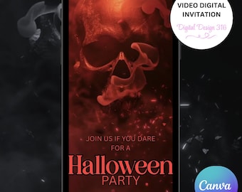 Puede incluir: Invitación digital para una fiesta de Halloween mostrada en la pantalla de un smartphone. El diseño presenta una calavera roja con el texto "JOIN US IF YOU DARE FOR A Halloween PARTY." La invitación también incluye el texto "VIDEO DIGITAL INVITATION" y el logo de Canva.