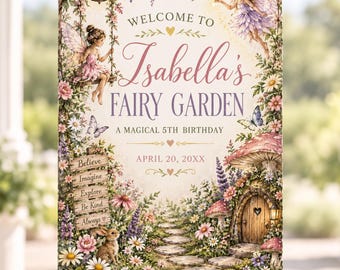 May include: A rectangular sign on a wooden easel featuring the text 'WELCOME TO Isabella's FAIRY GARDEN A MAGICAL 5TH BIRTHDAY APRIL 20, 20XX'. The design includes illustrations of fairies, a mushroom house, a stone path, flowers, and a rabbit.