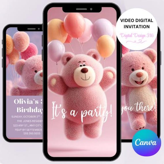Teddy Bear Birthday Video Invitation – Fuzzy Bear - Pink & White Balloon Clouds – Personalized Digital Phone Evite - 3D Invitation