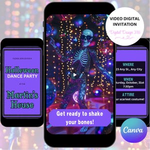 Pode incluir: Um convite digital para uma festa de dança de Halloween exibido em três smartphones. O telefone central mostra um esqueleto em uma roupa com lantejoulas. O texto inclui "Get ready to shake your bones!" e detalhes da festa.