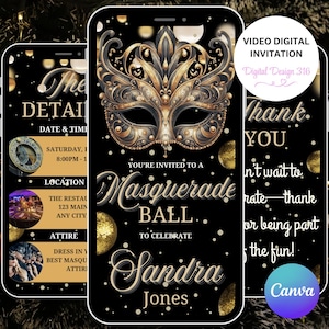 Masquerade Party Invitation Template, Masquerade Ball invitation, Video Invitation, Formal Party Invitation, Mardi Gras Birthday