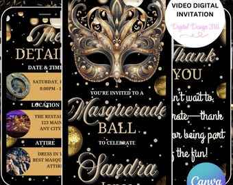 Masquerade Party Invitation Template, Masquerade Ball invitation, Video Invitation, Formal Party Invitation, Mardi Gras Birthday