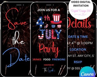 4. Juli Einladung | Fourth of Jully Video Einladung | Vaterländische Einladungskarte Bearbeitbarer digitaler Download | Sofortdownload | Feuerwerk