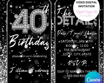 Digital Invitation, 40th Birthday Video Invitation Silver | Phone Party Invite | Editable Digital Download