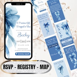 Blue Bow Baby Shower Invitation | Editable Video Invite for Phone | Blush & White Sweet Boy Shower | RSVP Link, Google Map, Gift Registry