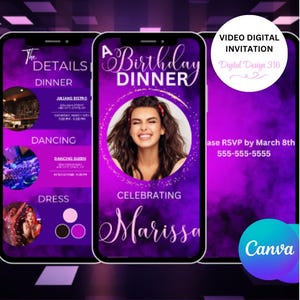 Faire-part d&#39;anniversaire numérique, invitation vidéo d&#39;anniversaire violette avec photo | Invitation personnalisée par téléphone | Téléchargement numérique modifiable