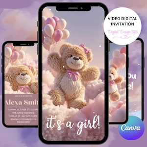 May include: Digital baby shower invitation displayed on a smartphone. The design shows a teddy bear with pink balloons, set against a cloudy background. Text reads "it's a girl!" and event details.