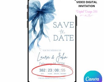 Invitación en video minimalista con lazo azul para guardar la fecha y cuenta regresiva / Elegante invitación telefónica para boda / Descarga digital editable - T