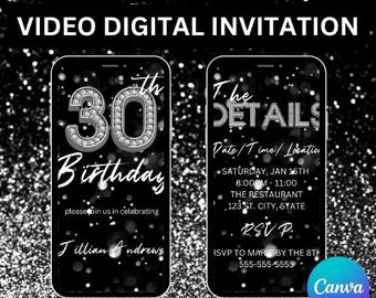 Digital Invitation, 30th Birthday Video Invitation Silver | Phone Party Invite | Editable Digital Download