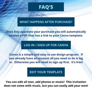 May include: A digital graphic with text about using Canva templates after an Etsy purchase. The image includes the text "FAQ'S", "WHAT HAPPENS AFTER PURCHASE?", "LOG IN / SIGN UP FOR CANVA", and "EDIT YOUR TEMPLATE". The background has a blue and white design.