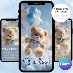 May include: Digital baby shower invitation featuring a teddy bear holding blue and white balloons against a sky background. The text "it's a boy!" is displayed, along with event details and the Canva logo.