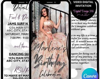 Silver Glitter Birthday Dinner Video Invitation with Photo | Elegant Phone Party Invite | Editable Digital Download | Digital Invitation