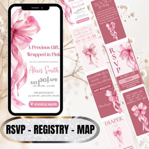 Invitación para Baby Shower con Lazo Rosa / Video Invitación Editable para Teléfono / Baby Shower Elegante en Rosa y Blanco / Enlace para Confirmar Asistencia, Mapa de Google, Lista de Regalos
