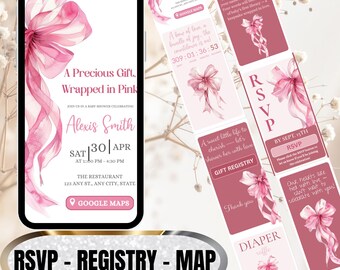 Pink Bow Baby Shower Invitation | Editable Video Invite for Phone | Blush & White Elegant Girl Shower | RSVP Link, Google Map, Gift Registry