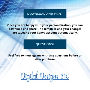May include: A digital design graphic with a blue and white background. The text includes "DOWNLOAD AND PRINT", "QUESTIONS?", and "Digital Designs 316". The image provides instructions for downloading and sharing personalized designs.