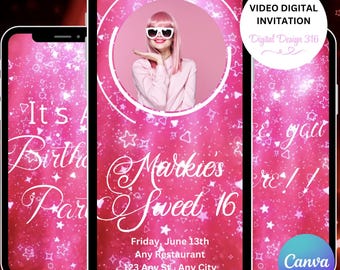 Puede incluir: Una invitación de video digital para una fiesta de cumpleaños de Sweet 16. El diseño presenta un fondo rosa con estrellas brillantes y una foto de una persona con gafas de sol. El texto incluye "Markie's Sweet 16" y detalles del evento. El logotipo de Canva es visible.