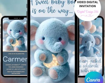 Elephant Baby Shower Video Invitation – Blue Plush Elephant with Balloons – Animated Canva Evite – Digital Baby Shower Invite