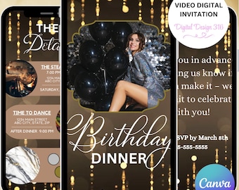 Digital Invitation, Gold & Brown Glitter Birthday Video Invitation with Photo | Personalized Phone Invite | Editable Digital Download