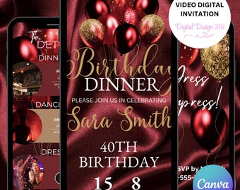 Digital Invitation, Red & Gold Balloon Birthday Dinner Video Invitation | Elegant Phone Party Invite | Editable Digital Download