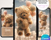 Teddy Bear Balloon Baby Shower Video Invitation | Gender Neutral Editable Canva Template | Beige Cream | Digital Baby Invite