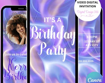Puede incluir: Invitación digital de fiesta de cumpleaños mostrada en tres teléfonos inteligentes. El diseño presenta un fondo abstracto púrpura y azul con el texto "IT'S A Birthday Party". La invitación incluye la hora, el lugar y los datos de contacto del evento.