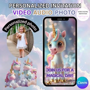 Unicorn Birthday Invitation, Video Invitation • Add Photo • Animated Pastel Party Invite with Music • Editable Canva Template