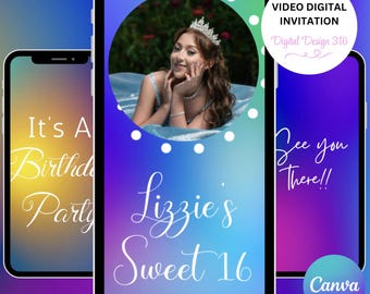 Puede incluir: Diseño de invitación digital para una fiesta de cumpleaños de Sweet 16. La pantalla principal presenta una foto de una persona joven con una tiara. El texto incluye "Lizzie's Sweet 16", "Video Digital Invitation" y "See you There!!".
