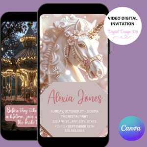 May include: Digital invitation on a smartphone screen featuring a carousel and a unicorn. The invitation includes the text "Alexia Jones" and event details. The design incorporates soft pink and white tones, with the Canva logo visible.