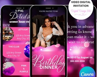 Invitación digital, invitación de cumpleaños en video con purpurina rosa y morada con foto / Invitación personalizada para teléfono / Descarga digital editable