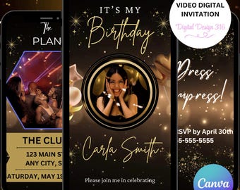 Digital Invitation, Black & Gold Glitter Birthday Dinner Video Invitation with Photo | Elegant Phone Invite | Editable Digital Download