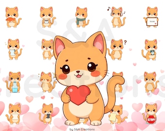Kawaii Cat Digital Stickers | Pre-Cropped PNG Planner Stickers (Transparent)