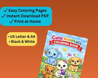 May include: A colorful children's coloring book titled "Cute Animals Coloring Book" with illustrations of cartoon animals. The cover features a blue elephant, a white cat, a yellow dog, a brown bear, a white rabbit, and the text "For Preschool Kids Ages 3-6".