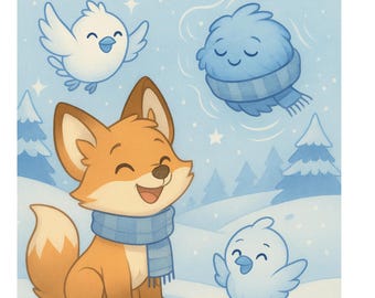 Op de afbeelding: Een kinderboekcover met de titel "Frosty and the Return of Winter's Song". Het toont een lachende vos met een blauwe sjaal, cartoonvogels en een blauwe, sjaaldragende bal. De tekst onderaan luidt "Printable Story + Coloring Book Ages 3-6."
