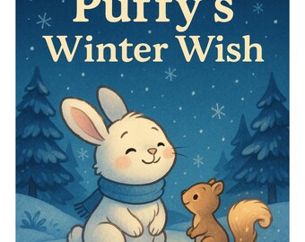 Op de afbeelding: Kinderboekcover met de titel "Puffy's Winter Wish" tegen een donkerblauwe achtergrond met sneeuwvlokken en een ster. Het toont een lachend wit konijn met een blauwe sjaal en een bruin eekhoorntje. De tekst onderaan luidt "Printable Story + Coloring".
