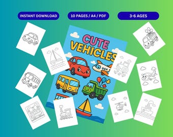 Libro para colorear de vehículos para niños: Autos, camiones, aviones y más. PDF imprimible. Descarga instantánea. Preescolar. De 3 a 6 años.
