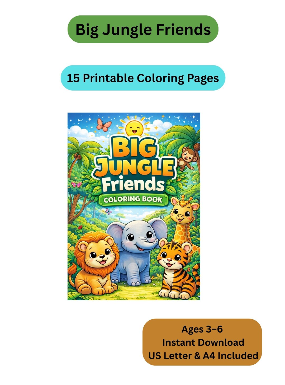 Jungle Animals Coloring Book for Kids Ages 3-6 | 15 Printable Preschool ...